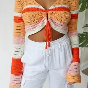 Candie's Orange and Pink Striped Crochet Crop Top